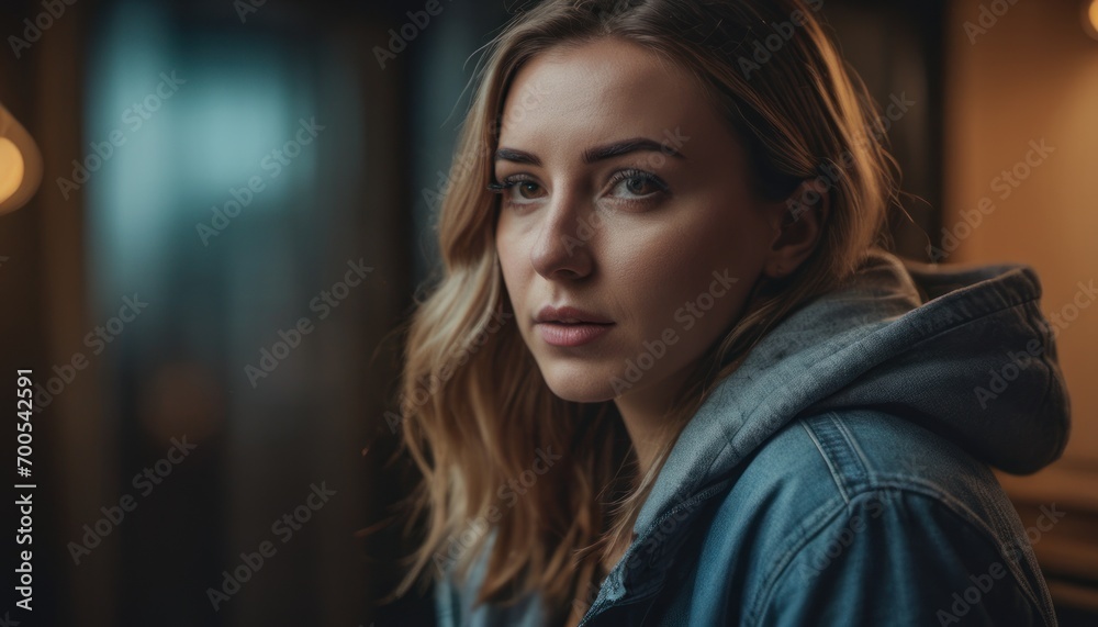  a close up of a person wearing a hoodie and looking off into the distance with a blurry background of lights around her and a woman's face.