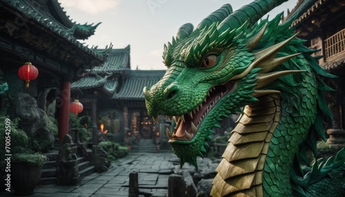  a green dragon statue sitting in front of a building with red lanterns hanging from it's roof and in front of it's walls is a stone courtyard. photo