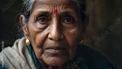  a close up of an old woman with a red cross on her forehead and a red cross on her forehead, looking at the camera with a serious look on her face.
