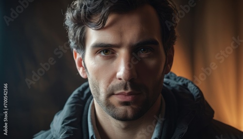  a close up of a person wearing a jacket and looking at the camera with a serious look on his face  with a curtain in the background of a curtain.