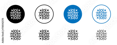 Tic tac toe line icon set. O X game symbol. Cross and tick kids game in black and blue color. photo