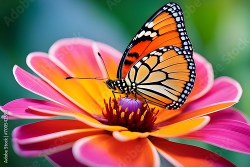 Zoom in on a butterfly resting on a vibrant flower, highlighting the colors and patterns of both the insect and the bloom, background image, generative AI