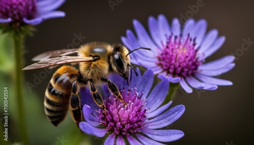  a close up of a bee on a flower with purple flowers in the foreground and in the background, a blurry background, and a dark background,.