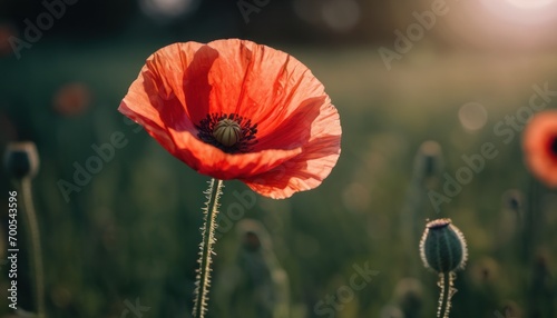  a close up of a poppy flower in a field of grass with the sun shining in the background and a blurry image of the flowers in the foreground.