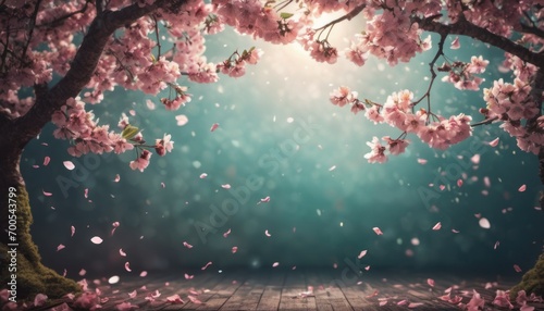  a wooden floor covered in pink flowers next to a tree with lots of petals flying in the air and a wooden platform in the foreground with a blue sky.