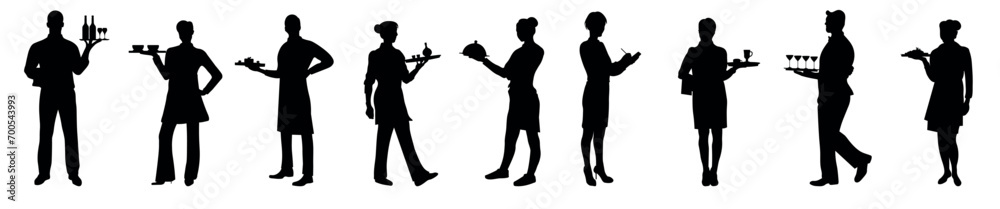 silhouettes of restaurant staff and waiter, waitress, chef, kitchen staff big set on isolated white background. 