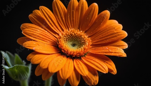  a close up of a bright orange flower with water droplets on it s petals and a green stem in front of a black background with water droplets on the petals.