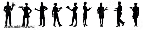 silhouettes of restaurant staff and waiter, waitress, chef, kitchen staff big set on isolated white background. 