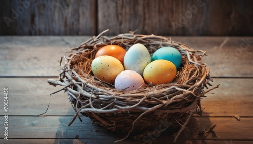  a bird's nest filled with colored eggs on a wooden table next to a wood planked wall and a wooden planked wall behind it is a wooden floor.