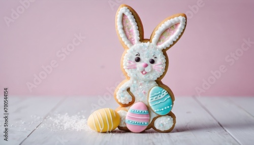  a cookie shaped like a bunny sitting on top of a table next to an easter egg and a cookie in the shape of a bunny on top of a table.