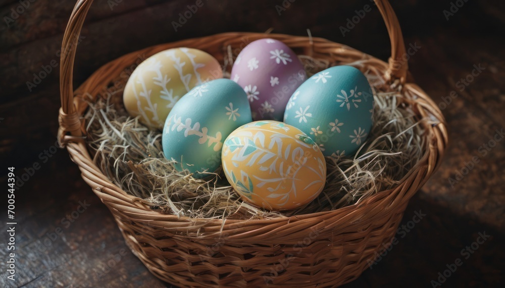 a basket filled with colorful easter eggs sitting on top of a wooden table next to another basket of eggs on top of a wooden table next to each other basket. a basket filled with colorful easter eggs sitting on top of a wooden table next to another basket of eggs on top of a wooden table next to each other basket.