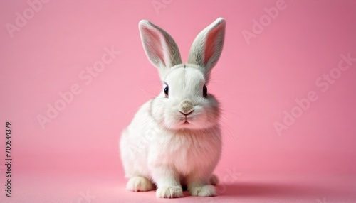  a white rabbit is sitting in front of a pink background and looking at the camera with a serious look on its face, with its eyes wide open and ears.