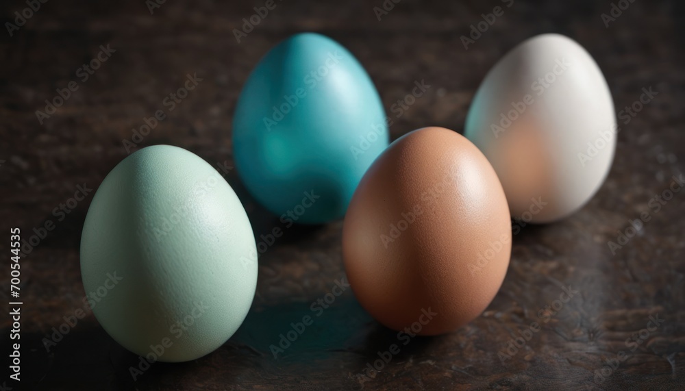a group of three eggs sitting next to each other on top of a brown table next to a blue egg in the middle of the row of the three eggs. a group of three eggs sitting next to each other on top of a brown table next to a blue egg in the middle of the row of the three eggs.