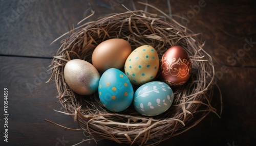  a bird's nest filled with colored eggs on top of a wooden table next to a brown table cloth and a wooden table top with a brown table cloth.