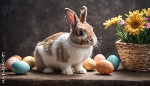  a brown and white rabbit sitting next to a basket of easter eggs and a basket of sunflowers on a table with a basket of daisies in the background. © Jevjenijs