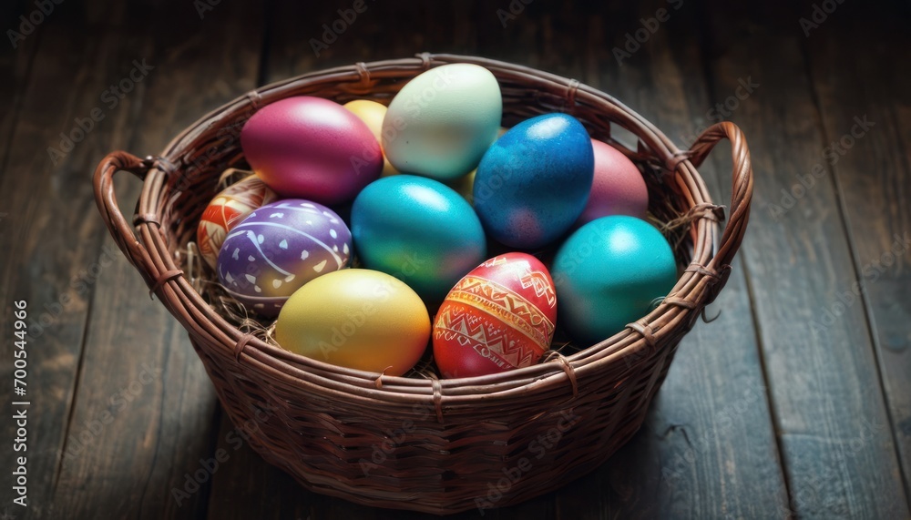 a basket filled with colorfully painted eggs on top of a wooden table in front of a dark wooden wall and a wooden table with a wooden planked surface. a basket filled with colorfully painted eggs on top of a wooden table in front of a dark wooden wall and a wooden table with a wooden planked surface.
