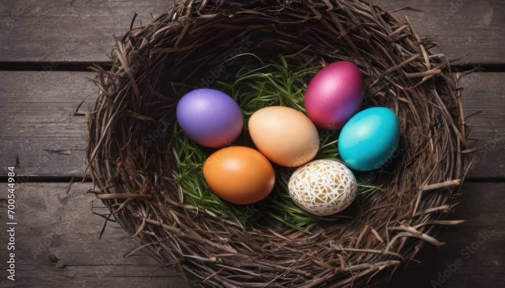 a bird's nest filled with eggs on top of a wooden table with a white speckled egg in the middle of the nest and four eggs in the middle of the nest. a bird's nest filled with eggs on top of a wooden table with a white speckled egg in the middle of the nest and four eggs in the middle of the nest.