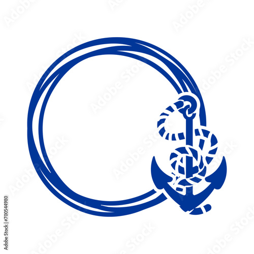 Logo Nautical. Marco circular con líneas con silueta de ancla con cuerda de barco
