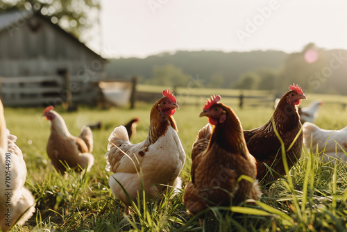 Chickens running free on farm, happy animals welfare and free range poultry. Generative AI © marcin jucha