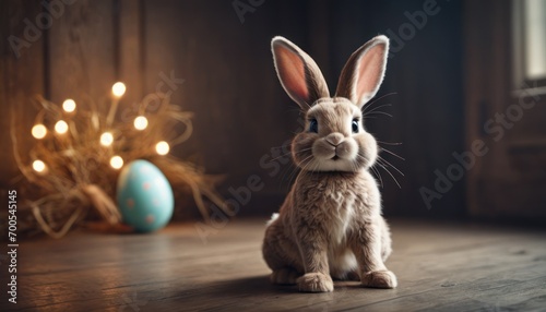  a stuffed rabbit sitting on top of a wooden floor next to a basket of easter eggs and a fake tree with lights on the other side of a wooden wall.