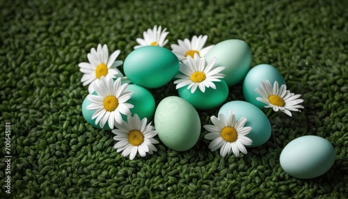  a pile of eggs sitting on top of a green carpet covered in white daisies and green eggs sitting on top of a green carpeted area with white daisies.