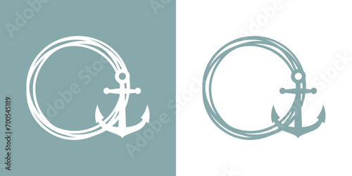 Logo Nautical. Marco circular con líneas con silueta de ancla de barco