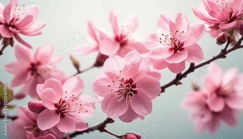  a close up of a pink flower on a branch with a blue sky in the backgrounnd of the image is a close up close up of a pink flower on a branch with a blue sky in the background.