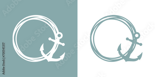 Logo Nautical. Marco circular con líneas con silueta de ancla de barco photo