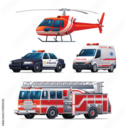 Set of emergency vehicles. Police car, ambulance, fire truck and helicopter. Official emergency service vehicles vector illustration