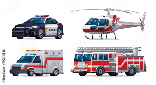 Set of emergency vehicles. Police car, fire truck, ambulance car and helicopter. Official emergency service vehicles side view vector illustration photo