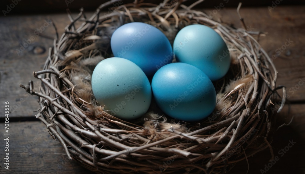  a nest filled with blue eggs sitting on top of a wooden table next to a bird's nest on top of a piece of wood with a bird's nest.