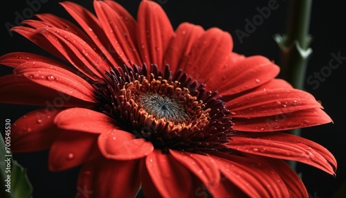  a close up of a red flower with water droplets on it's petals and a green stem in the foreground with a black background with water droplets on the petals.