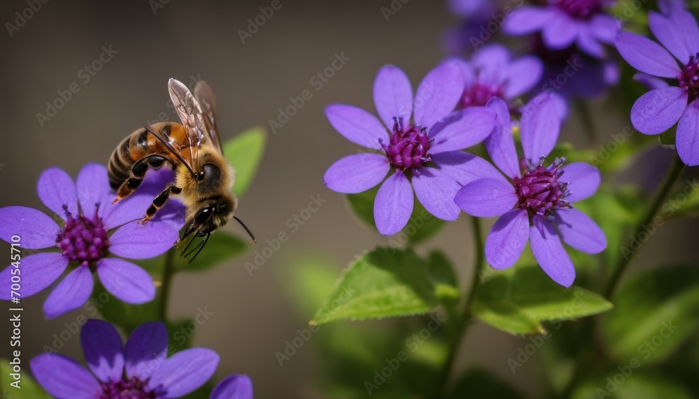 a close up of a bee on a flower with purple flowers in the foreground and in the background, there is a blurry image of a blurry background. a close up of a bee on a flower with purple flowers in the foreground and in the background, there is a blurry image of a blurry background.