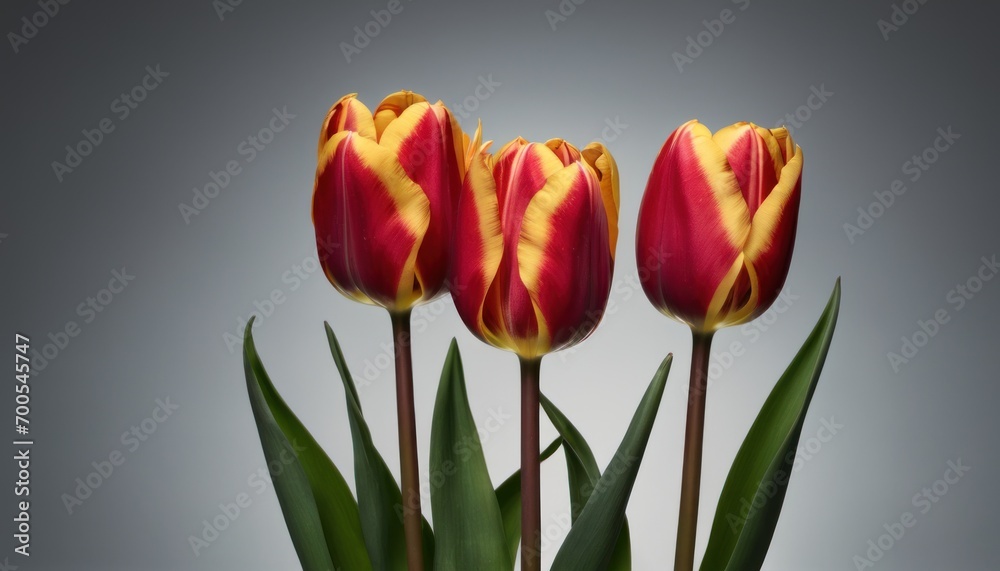 three red and yellow tulips with green leaves in front of a gray background with a light reflection on the bottom of the tulips of the tulips. three red and yellow tulips with green leaves in front of a gray background with a light reflection on the bottom of the tulips of the tulips.
