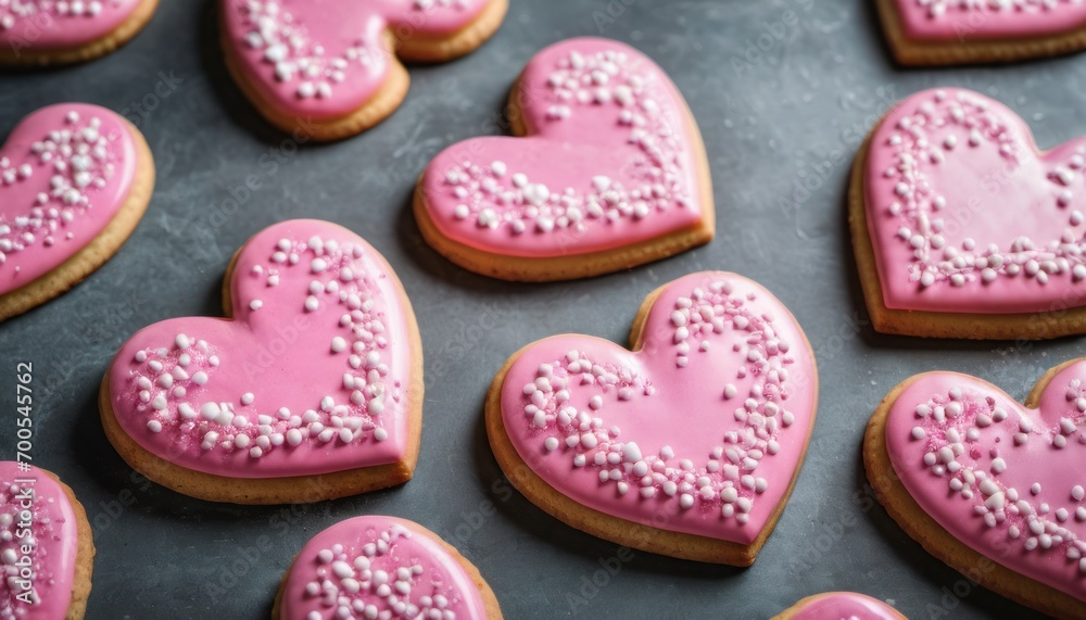 heart shaped cookies with pink icing and white sprinkles arranged in a row on top of a baking sheet in the shape of a heart with pink icing and white sprinkles. heart shaped cookies with pink icing and white sprinkles arranged in a row on top of a baking sheet in the shape of a heart with pink icing and white sprinkles.