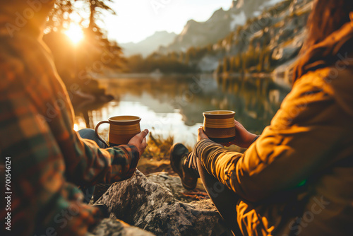 Couple out camping in the mountains enjoying their morning coffee by a mountain lake at sunrise. Shallow field of view. 