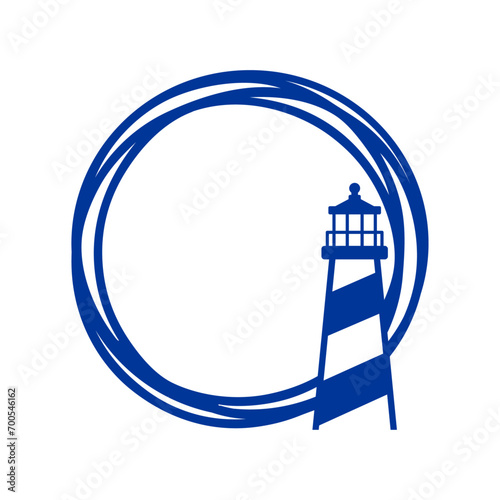 Logo Nautical. Marco circular con líneas con silueta de torre marítima en puerto. Faro de luz