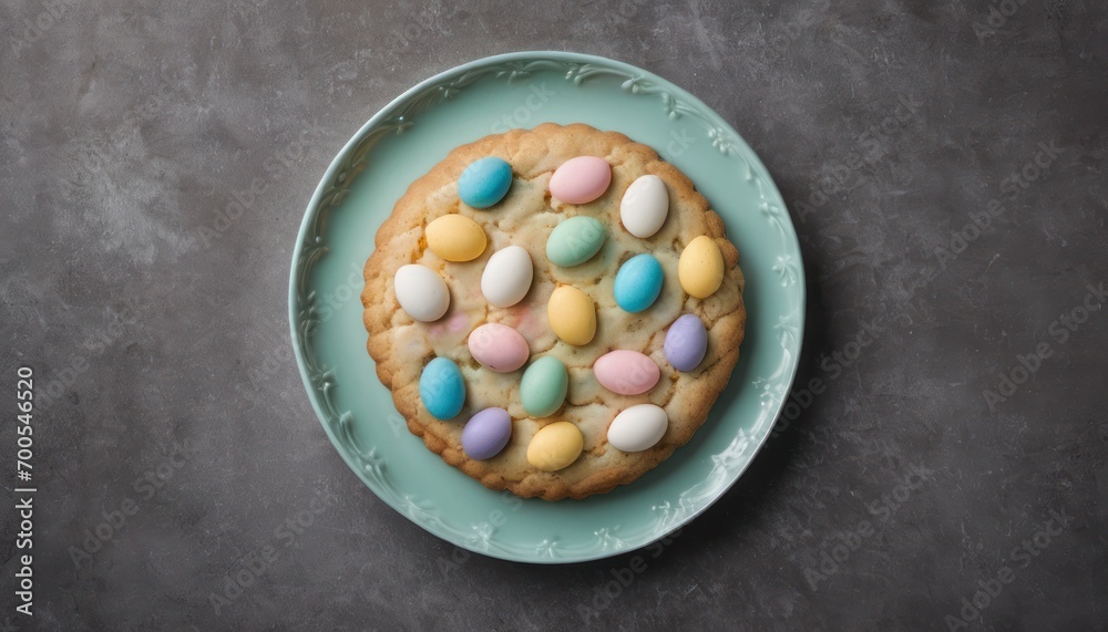 a plate with a cookie with pastel eggs on top of it on top of a gray table with a blue plate holding a cookie with pastel eggs on it. a plate with a cookie with pastel eggs on top of it on top of a gray table with a blue plate holding a cookie with pastel eggs on it.