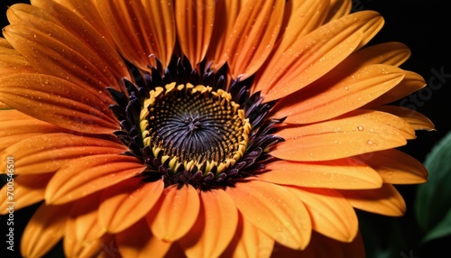  a close up of a large orange flower with water droplets on it s petals and the center of the flower with a dark background of green leaves and water droplets on the petals.