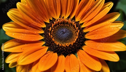  a close up of a bright orange flower with water droplets on it s petals and the center of the flower with a green background of leaves and water droplets on the petals.