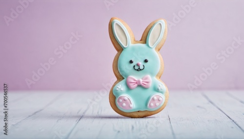  a cookie in the shape of a bunny with a bow tie on it's lap, sitting on a white wooden surface, with a pink wall in the background.