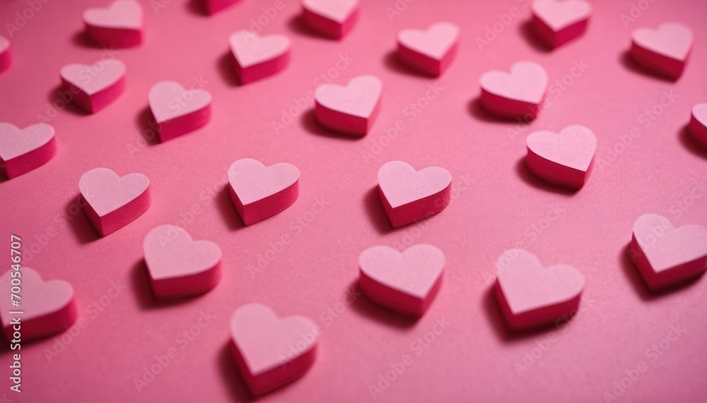  a bunch of pink paper hearts on a pink background with room for text or image to put on a greeting card or for a valentine's day or other special occasion.