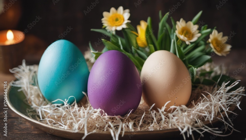  three eggs sitting on a plate with grass and flowers in front of a lit candle and a candle holder with a lit candle on the other side of the plate.