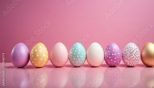  a row of colorful easter eggs on a pink surface with a white polka dot pattern on one egg and a pink background with a white polka dot pattern on the other egg.