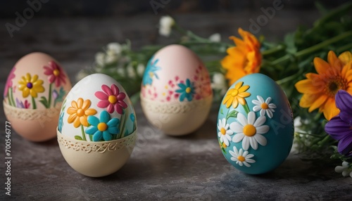  a group of painted eggs sitting on top of a table next to a bouquet of daisies and a bouquet of wildflowers on a stone slab of concrete.