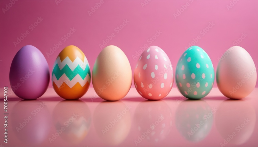  a row of colorful easter eggs sitting on top of a pink surface with one egg in the middle of the row and one egg in the middle of the row.