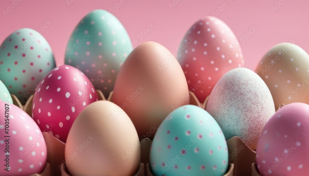  a close up of a bunch of eggs in a carton on a pink background with a polka dot pattern on one of the eggs and the rest of the eggs in the cartons.