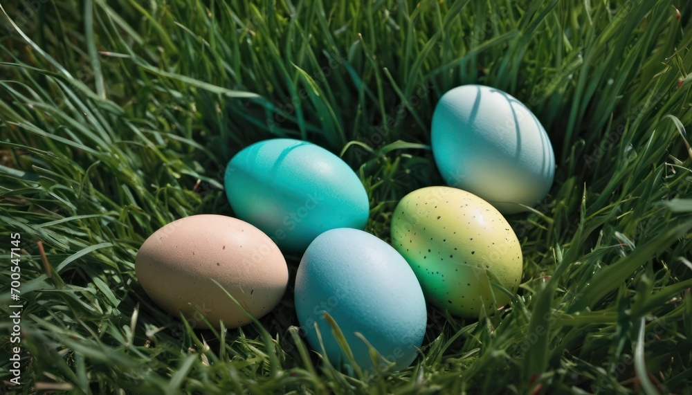  a group of eggs sitting in the grass next to each other on top of a patch of green grass in the middle of the grass is a row of four eggs.