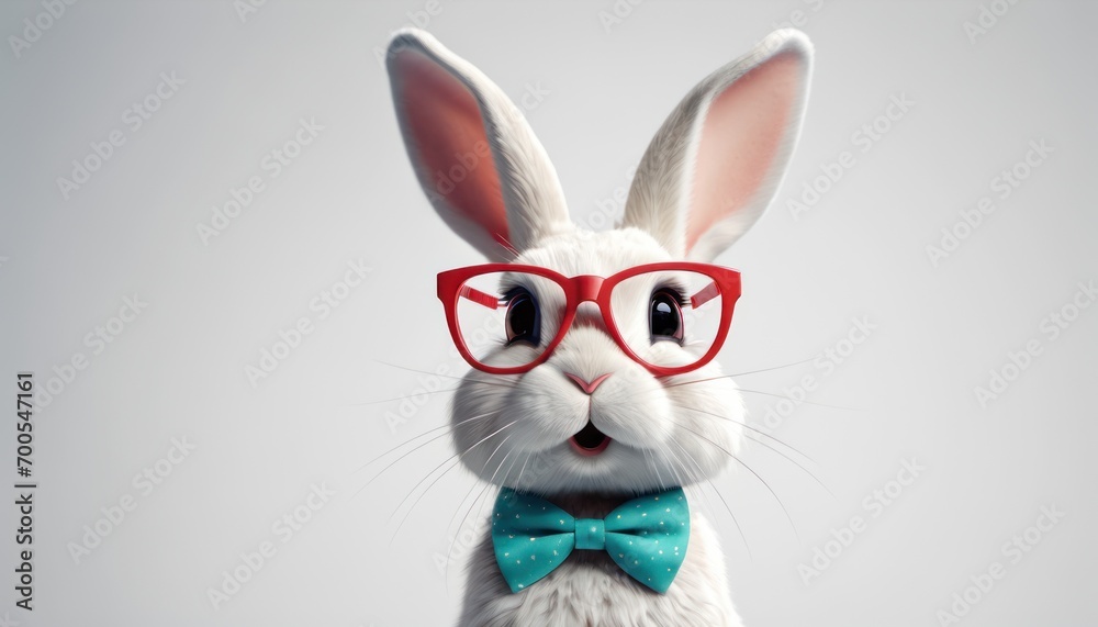  a white rabbit wearing red glasses and a bow tie with a blue polka dot bow tie on it's head and wearing a blue bow tie and red glasses.