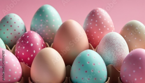  a close up of a bunch of eggs in a carton on a pink background with a polka dot pattern on one of the eggs and the rest of the eggs in the cartons.